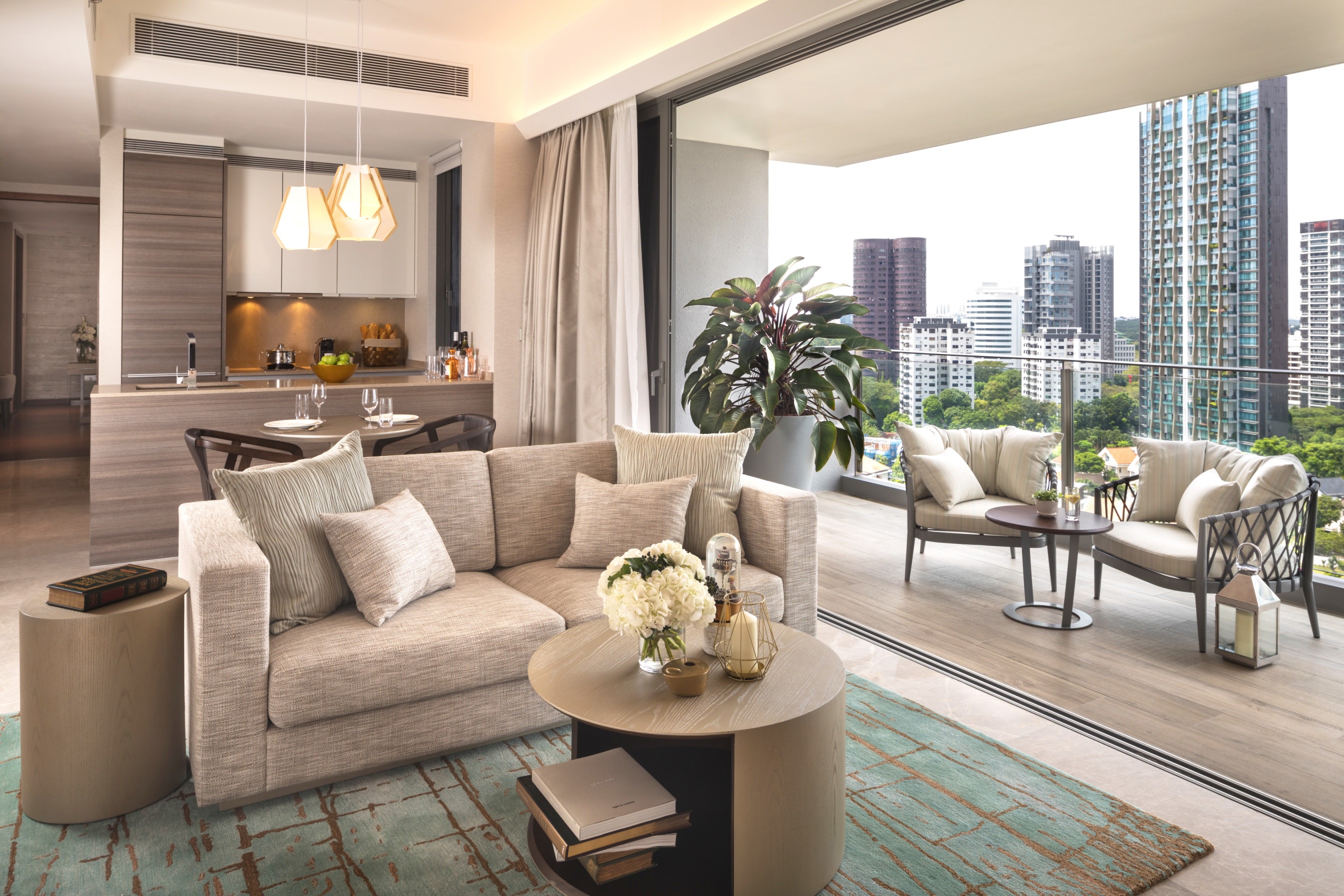 Spacious living room overlooking the city